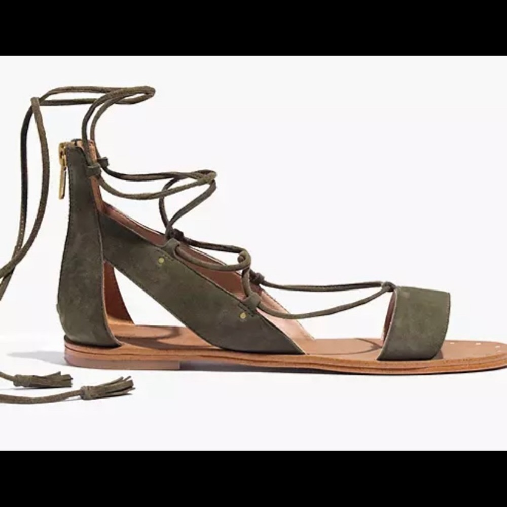 Madewell Bridget Tassel Lace Up Leather Gladiator Sandals Green F1658 Boho